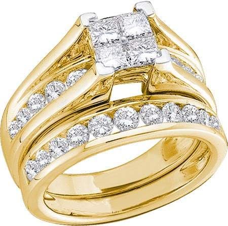 10K Yellow Gold Diamond Ladies Bridal Engagement Ring with Matching Wedding Band Two 2 Ring Set Invisible Solitaire 4 Stone Princess cut Center Setting with Side Stones Channel Set round diamonds , Round Diamond matching Band .52 cttw, Size - 7