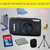 Canon PowerShot SD4000IS 10 MP CMOS Digital Camera with 3.8x Optical Zoom and f/2.0 Lens (Black) Deluxe Carrying Case, 3pc.Lens Cleaning Kit, 16GB High Speed Memory Card, Hi-Speed SD USB 2.0 Card Reader, Mini Flexible Table Top Tripod, LCD Screen Protector, Battery, and Angel Cleaning Cloth