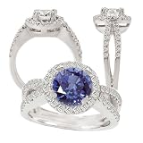 18k Chatham 7.5mm round blue sapphire color #4 engagement ring with natural diamond halo