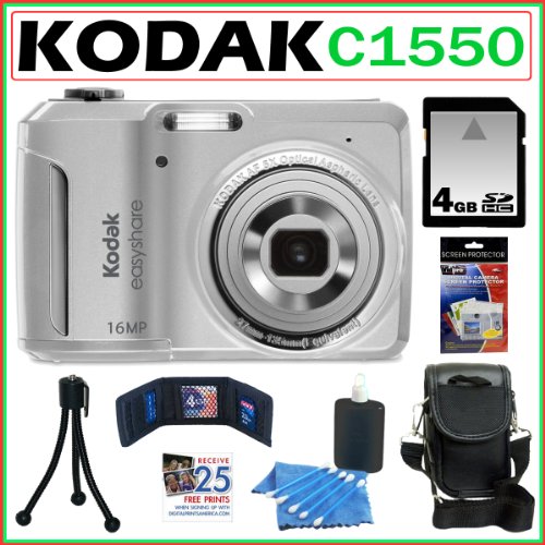 Kodak EasyShare C1550 16MP Digital Camera with 5x Optical Zoom in Silver + 4GB Accessory Kit