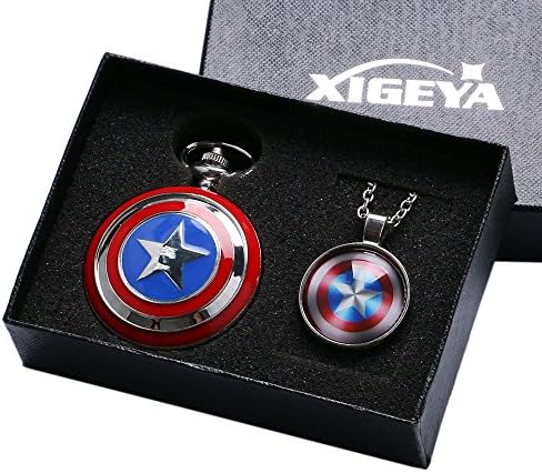 XIGEYA Superhero Silver Captain Cosplay Avengers Shield America Quartz Pocket Watch with Chain &amp; Gift Box