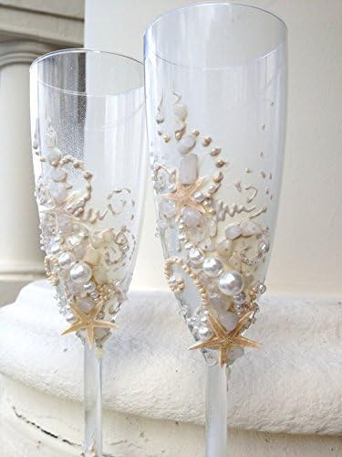 Beach Wedding Champagne Glasses, Starfish Wedding toasting flutes in ivory, destination wedding reception