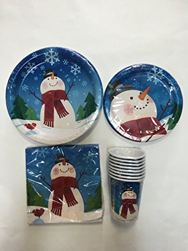 Joyful Snowman Holiday Dinner Party Package for 8 Guests – Includes Dinner Plates, Dessert Plates, Napkins and Cups