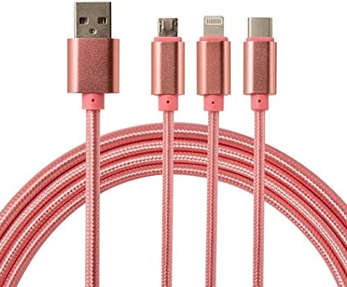 Hgrope 3 in 1 PowerLine USB 2.0 (4ft) Charging Cable with Micro USB, USB Type C, Lighting Cable Compatible for iPhone 5/5s/5c 6/6s Plus, Latest Mac, Android Phones(Rose)
