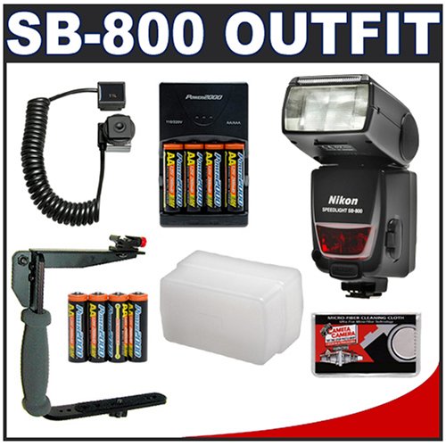 Nikon SB-800 AF Speedlight Flash + 8 Batteries & Charger + Sto-Fen Omni-Bounce Diffuser + TTL Flash Cord + Stroboframe 350 Flash Bracket for Nikon D40, D40x, D50, D60, D70s, D80, D200, D300 & D700 Digital SLR Cameras