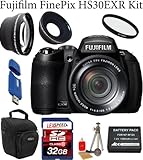 Fujifilm FinePix HS30EXR Digital Camera (Black) + 0.45X Wide Angle Lens + 2x Telephoto Lens + UV Filter + 32GB Memory Card...