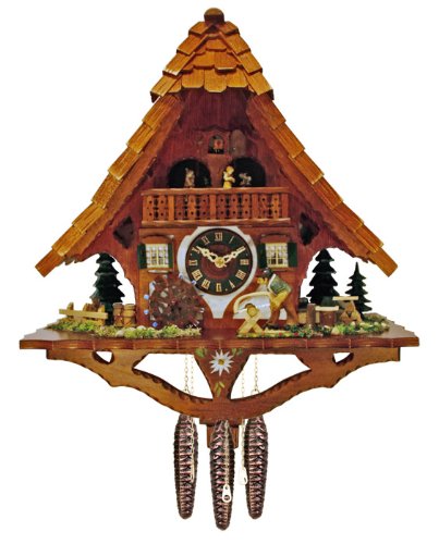 River City Clocks MD486-17 One Day Musical Cuckoo Clock Cottage with Dancers, Man Sawing Wood, And Waterwheel, 17-Inch Tall