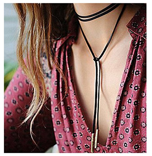 Girls Handmade Long Black Velvet PU Leather Chain Stretch Tattoo Choker Elastic Tassel Necklaces