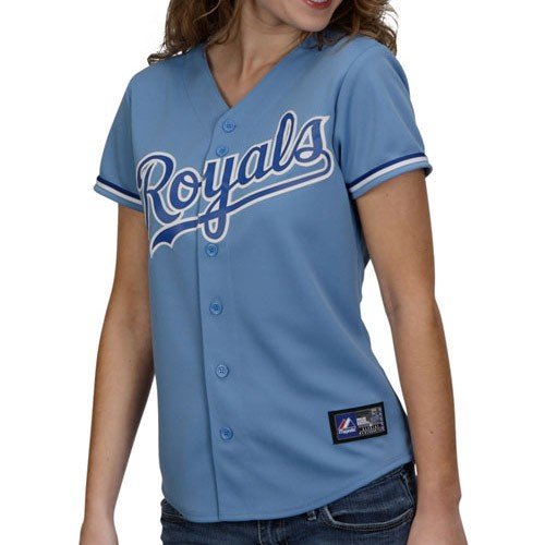 MLB Women's Kansas City Royals Columbia Blue Alternate Short Sleeve 5 Button Synthetic Replica Baseball Jersey Spring 2012  (Columbia Blue, X-Large)