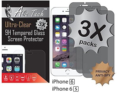 iPhone 6 Screen Protector, 3 pack Alia Tech™ Anti-Spy Privacy Tempered Glass Screen Protector iPhone 6, 0.3 mm, 2.5D Round Edges, Best &amp; Easy Installation Screen Protector for iPhone 6 &amp; 6s.