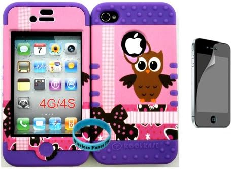For Apple iphone 4/4s Big Brown Owl Snap on + Purple Silicone Hybrid Case Cover with Screen Protector and Wristband By Wirelessfones TM