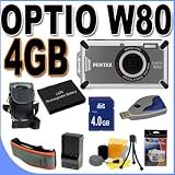 Pentax Optio W80 Waterproof 12.1MP Digital Camera w/5x Wide Angle TSR Optical Zoom (Gunmetal Grey) BigVALUEInc 4GB Waterproof Accessory Saver Bundle