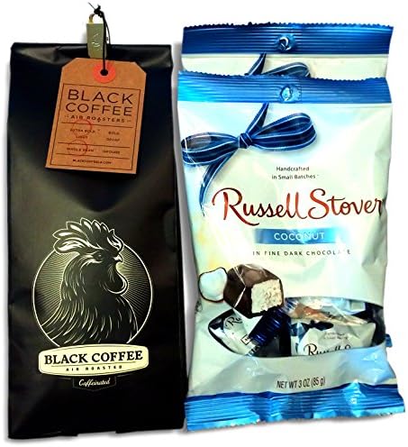 Extra Bold Coffee and Chocolate Bundle: 1 Bag of Air Roasted 100% Whole Bean Arabica Coffee (12 oz.) by Black Coffee LA plus 2 Bags of Russell Stover Chocolate Covered Coconut Candies (3 OZ / 85 g)