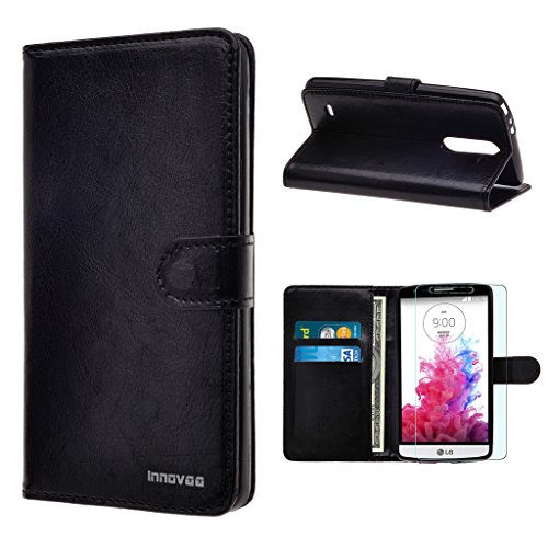 LG G3 Stylus / D690 Case, INNOVAA Premium Leather Wallet Case with STAND Flip Cover (NOT Compatible with LG G3) W/ Free Screen Protector & Stylus Pen - Black