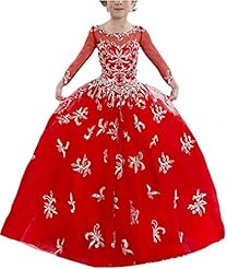 Girls Scoop Neck Floor Length  Crystal Lace Applique Organza  Ball Gown Pageant Dress 
