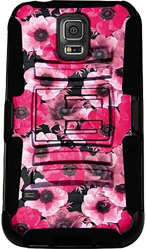 For Samsung Galaxy Note 5 Armor Hybrid Case Silicone Cover Kick Stand LuxGuard Holster+[WORLD ACC®] LCD Screen Protector+Stylus+Dust Cap (Pink Anemone/Black)