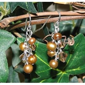 Click here to buy Gold Freshwater Pearl and Tan Swarovski Earrings by Peace Unique.