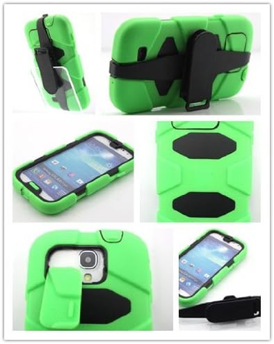 Big Dragonfly High Quality Flexible Dual Layer Protective Shell Hard Plastic + Soft Silicone Cover Case for Samsung Galaxy S4 i9500 with Screen Protector and Removable Belt Clip Eco-friendly Package Black/Green