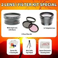 WIDE ANGLE MACRO LENS + 2X TELEPHOTO LENS + 3 PC. FILTER KIT FOR THE NIKON D3000, D3100, D5000, D7000 DIGITAL SLR CAMERAS.THESE LENSES AND FILTERS WILL ATTACH DIRECTLY TO THE FOLLOWING NIKON LENSES 18-55mm, 55-200mm, 50mm. KIT ALSO INCLUDES LENS CLEANING KIT AND LCD SCREEN PROTECTORS ++MORE