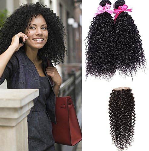Peony Hair 7A Grade kinkys curly hair extension 3 Bundles with Closure Uprocessed Virgin Brazilian hair with 4"*4" lace closure free part (10 12 14+10 free part, Natural Color)