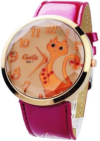 Metro Shop CaiQi Big Round Dial Wristwatch with Quartz Movement/Cat Image/PU Leather Band for Woman - Red Band