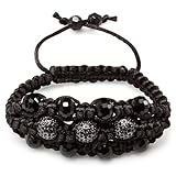 Shamballa Bracelet Pave Mens Ladies Unisex Hip Hop Style 12 mm Three Black Disco Ball & Eight Black Faceted Bead Three Row Adjustable