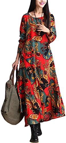 Serenely 2015 Women's 100%cotton 3/4 Sleeve Paisley Print Dresses Vintage Dress Red