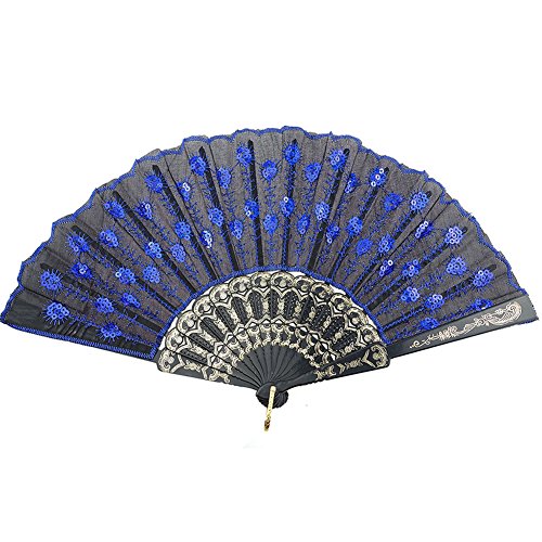 InnoLife Elegant Colorful Embroidered Flower Peacock Pattern Sequin Fabric Folding Handheld Hand Fan Hand-crafted (Blue)