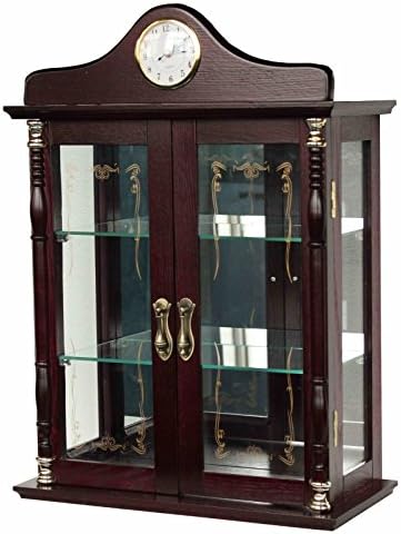 Cherry Keepsake Curio Cabinet with Clock Accent Makes a Great Gift for Her. This Wall Mount Glass Display Case for Collectibles, Knick Knacks and Heirlooms Adds Traditional Style to Any Home Decor.