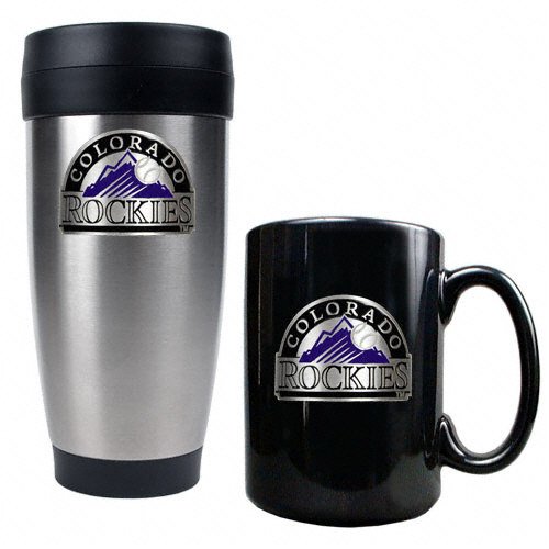 Buy Colorado Rockies Primary Logo Stainless Steel Travel Tumbler and Black Ceramic Mug Set by FansEdge