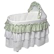 Burlington Baby Bassinet with 3 Ruffle Skirt, Pad Cover, Storage Underneath - White/ Sage