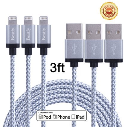 Bestfy(TM) 3Pack 3FT Nylon Braided 8pin to USB Sync Data and Charging Cable Cord with Alumnium Heads for iPhone 6/6 Plus/6s/6s Plus, iPhone 5 5c 5s, iPad 4 Mini Air iPod Nano 7 iPod Touch 5 (white)