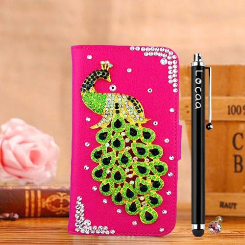 Locaa(TM) Samsung Galaxy Note3 Neo (Not Note3) N7505 N7506 N7508 3D Bling Peacock Case + Phone stylus + Anti-dust ear plug Deluxe Luxury Crystal Pearl Diamond Rhinestone eye-catching Beautiful Leather Retro Support bumper Cover Card Holder Wallet Cases [Peacock Series] Pink case - Green peacock