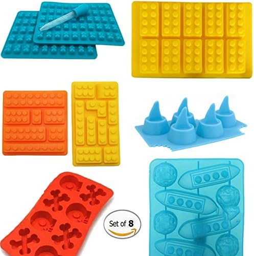 8pc Silicone Baking Molds for Gummy Bear Lovers. Candy Chocolate Making Baking Mold, Silicone Gummy Building Block Bricks + Shark Fins + Skulls + Gummy Bears + Titanic
