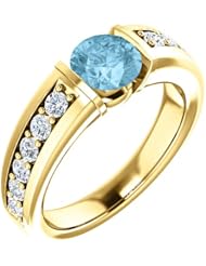 10K Yellow Gold 6.00mm Round Cut Aquamarine and Diamond Ring -- LIFETIME WARRANTY