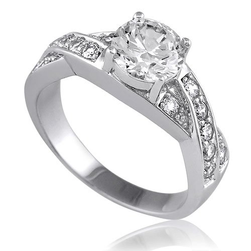 Sterling Silver Round Cubic Zirconia CZ Solitaire Ring w/Side Stones - Ideal Gift For Mother, For Her, Birthday, Anniversary, Bridal, Wedding, Engagement