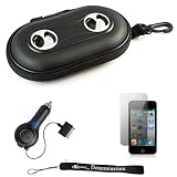 Black Portable Hard Case Cover Shell with Integrated Speakers for New Apple iPod Touch 4 ( 4th Generation 8GB 16GB 32GB ) + Includes Anti Glare Screen Protector Guard + Includes a Retractable Rapid Travel Car Charger for your iPod Touch