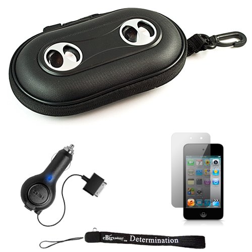 Black Portable Hard Case Cover Shell with Integrated Speakers for New Apple iPod Touch 4 ( 4th Generation 8GB 16GB 32GB ) + Includes Anti Glare Screen Protector Guard + Includes a Retractable Rapid Travel Car Charger for your iPod Touch