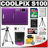 Nikon Coolpix S100 Digital Camera (Purple) with 8GB Card + Battery + Tripod ....