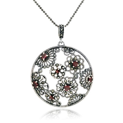 Sterling Silver Marcasite and Glass Round Pendant, 18
