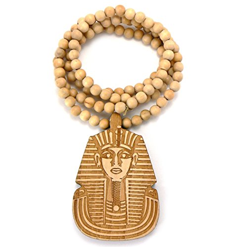 Egyptian Pharaoh Wood Pendant 36" Wooden Bead Chain Necklace in Natural-Tone WX14NL