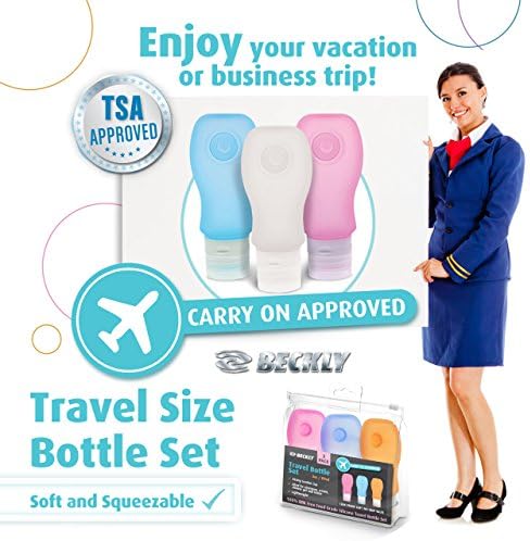 Beckly Silicone Bottles Travelers Set- Travel bottles- TSA Carry-On approved-BPA Free-Use on the airplane, Hotel room, or in your kitchen-For your lotions, gels, oils,soaps, shampoos, moisturizers and creams-Leak Free and safe for your carry on luggage or suitcase and duffel bag-Perfect travel accessory-great addition to your luggage set- Suction cup for use on Hotel Shower and Bathroom wall- Great Bath and Shower accessory-Perfect holiday gift-Backed by the famous beckly guarantee!