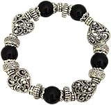Antique Silver Tone Filigree Heart and Black Bead Stretch Bracelet Jewelry