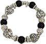 Antique Silver Tone Filigree Heart and Black Bead Stretch Bracelet Jewelry