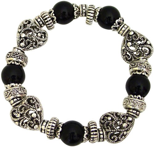 Click here to buy Antique Silver Tone Filigree Heart and Black Bead Stretch Bracelet Jewelry.