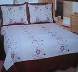 3pc 100% Cotton Fully Quilted Embroidery Bedspread Cover Set Taupe / Brown, ....