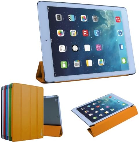 BeanTec iPad Air Case for iPad 5 5th Generation Tablet + Free Screen Protector + Cleaning Cloth - Ultra Slim Lightweight Premium Leather Smart Shell with Hard Backcase - Newest Fashion Design with Needle Line Style Leather Case - With Smart Cover Auto Wake/Sleep (Orange)
