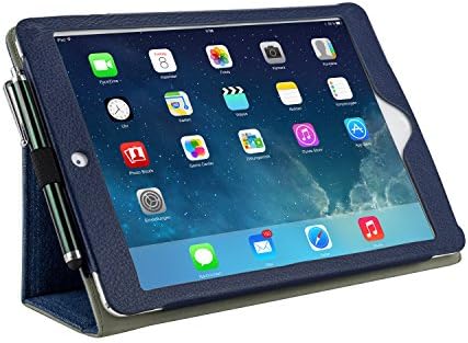 Adento iPad Air Case Classic in Denim Blue with elegant stiching and Smart Cover, Stand, elastic Hand Strap & Stylus Loop