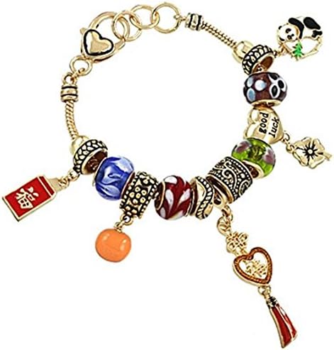 Asian Charm Bracelet Z11 Red Blue Purple Green Murano Beads Panda Gold Tone