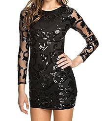 Sexy Sequined Lace Long Sleeves Brocade/Polyester/Spandex Round Neck Floral Print Bodycon Dress/Mini Dress 